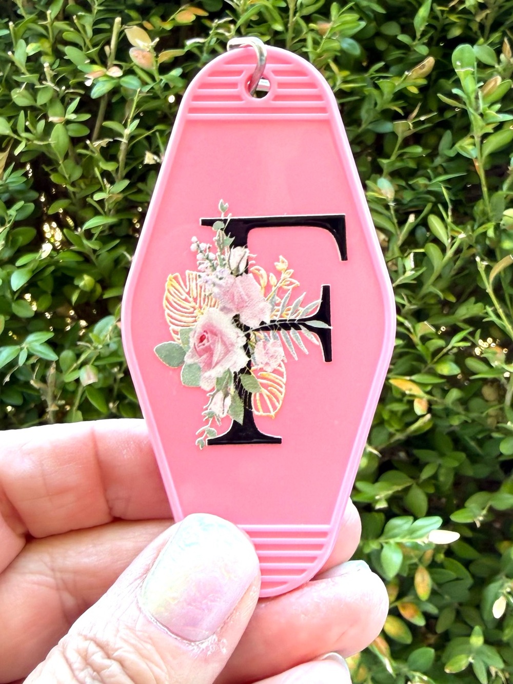 Vintage style motel key 3.5” keychain letter “F” floral pink gift idea